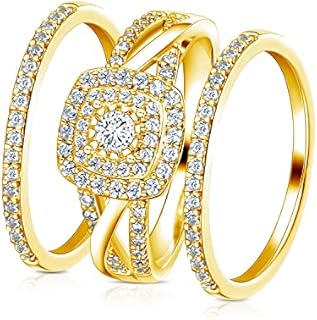 MDFUN Three in One Square Halo Wedding Band Set Engagement Ring 18K Yellow Gold Plated Cubic Zirconia Promise Eternity Ring for Women Size 5-10