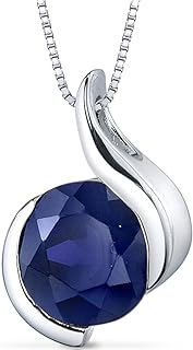 Peora 2.75 Carats Created Blue Sapphire Pendant Necklace for Women 925 Sterling Silver, Open Bezel Wave Solitaire, Round Shape 8mm with 18 inch Chain