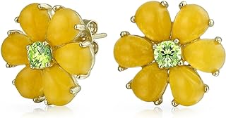 Gold Plated Silver Jade Gemstone Stud Earrings with Push Back for Women, Heart-Flower Design