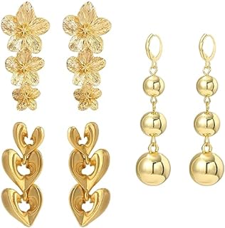 3 Pairs Gold Drop Earrings for Women, Hypoallergenic Heart Flower Ball Long Statament Dangle Earrings Jewelry Gift