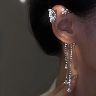 Rhinestone Butterfly Tassel Ear Cuffs 1 Pair No Piercing Cartilage Climber Ear Wrap Glitter Crystal Lariat Chain Fringe Clip on Earrings for Women and Girls