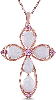 Amazon Collection Womens 14K Rose Gold over Sterling Silver Created Opal with Created Pink Sapphire Cross Pendant Necklace, 18"