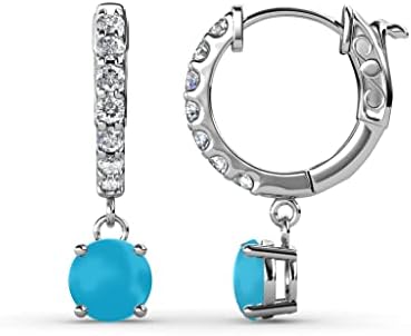 Chic 14K White Gold Round Turquoise and Diamond Huggie Hoop Earrings for Women with Hidden Snap Posts