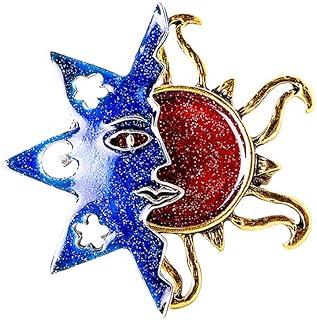 Vintage Celestial Sun Brooch Pin for Women Girls Unisex Glitter Gold Plated Blue Red Helios Karma Statement Brooches Lapel Pins Fashion Unique Birthday Holiday Jewelry Souvenir Gifts