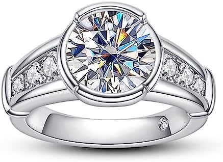 Raivari Moissanite Engagement Ring 3 CT Half Bezel Set Ring Round Cut D Color Lab Created Diamond in 18K White Gold Plated 925 Sterling Silver Wedding Band Anniversary Promise Ring for Women Men