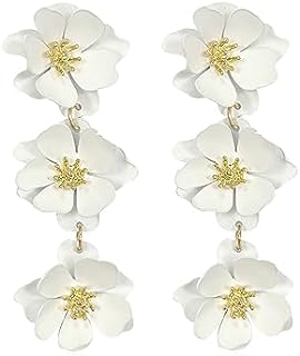 GUOXIAOMEI White Bohemian Daisy Flower Matte Floral Petal Drop Dangle Earrings 3 Layered Tiered Long for Women Girls Chic Boho Tropical Wedding Jewelry