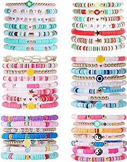 44Pcs Preppy Heishi Bracelets Set Colorful Heart Star Evil Eye Beaded Bracelets Polymer Clay Pearl Stackable Charm Y2K Bracelets Boho Disc Bracelets Aesthetic Jewelry