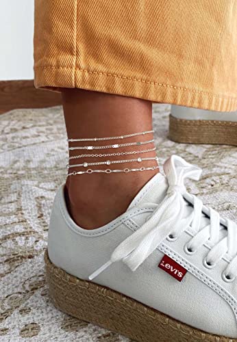 Foxgirl Gold Ankle Bracelets for Women,14k Gold Plated/Silver Anklets for Women Waterproof Layered CZ Leaf Beaded Cuban Chain Anklets Set Summer Beach Anklets for Women Teen Girls Gold Jewelry Gifts
