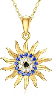 SISGEM Real 14K Gold Sun Pendant Necklace with Box Chain and Cubic Zirconia for Women - Evil Eye Design