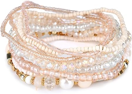 Caiyao Bohemian Stackable Bead Bracelets for Women Multicolor Stretch Beaded Bracelets Layered Bead Bracelet Pink Black Red Stretch Bracelets Set Boho Multicolor Jewelry