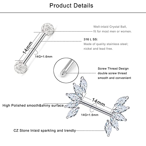 Lcolyoli 14G Surgical Steel Nipple Rings Crystal Nipple Shield Barbell Ring Staight Bar Nipplerings Body Piercing Jewelry for Women Men
