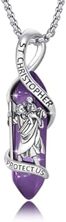 Black/Green/Purple Crystal Point St Christopher Necklace 925 Sterling Silver Saint Christopher Pendant Healing Crystal St.Christopher Necklace Religious Jewelry for Men Women