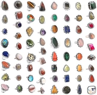 Boho Statement Gemstone Silver Ring - 10 Pcs - Women Silver Plated Statement Ring Set Handmade Gothic Vintage Chunky Knuckle Rings for Girls
