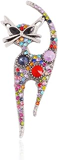 Vintage Rhinestone Cat Brooch Pin for Women Girls Silver Plated Fashion Cute Colorful Crystals Animal Kitten Brooches Lapel Pins Dress Accessories Holiday Birthday Party Jewelry Unisex Gift Souvenir