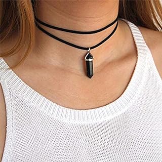 Layered Choker Necklace Crystal Choker Chakra Suede Choker Hexagonal Gemstone Pendant Necklace Bohemia Jewelry for Women and Girls(Black)