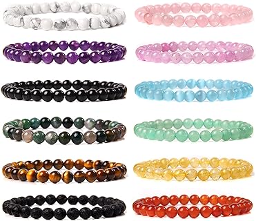 12Pc Unisex 6mm Gemstone Beaded Bracelets with Bead Chain & Spring Ring Clasp - Cubic Zirconia Adorned Stretch Jewelry Set