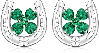 Women's Shamrock Horseshoe Stud Earrings with Cubic Zirconia in 925 Sterling Silver - Stylish and Symbolic