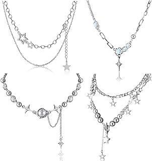 4 Pcs Y2k Double Layered Necklace Set Irregular Moonstone Collar Chain Punk Star Pendant Zircon Necklace Jewelry Silver Asymmetric Necklace Adjustable Grunge Star Choker for Women Teen Girl