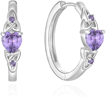 925 Sterling Silver Celtic Knot Hoop Earrings with Created Amethyst Heart Birthstones - Elegant Jewelry Gift for Women
