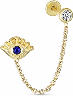 Unisex Yellow Gold Chain Double Stud Earrings with Cubic Zirconia for Women and Teens, Evil Eye Design & Screw Back Findings