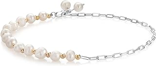 Gem Stone King 925 2-Tone Sterling Silver 14 Cultured Freshwater Pearl Paperclip Chain Adjustable Anklet For Women Up to 10 Inch