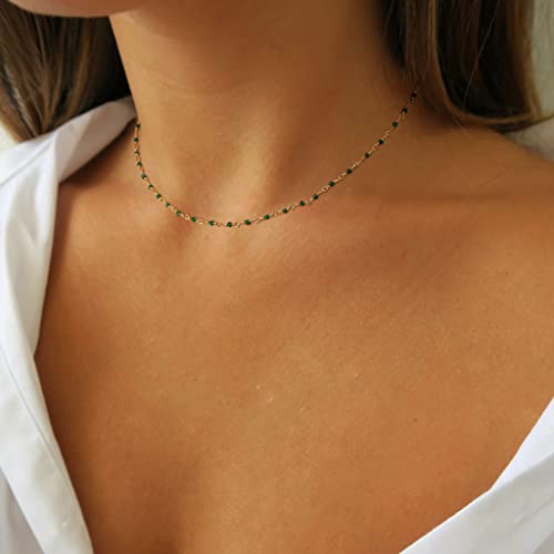 MTMY Beaded Necklaces for Women 14K Gold Plated Dainty Colorful Green/Rose Beaded Pearl Choker Necklace Delicate Boho Choker Necklace Jewelry Gift