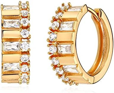 MYEARS Women Diamond Earrings Gold Huggie Baguette Hoop Cubic Zirconia Sleeper 14K Gold Filled Small Simple Handmade Hypoallergenic Everyday Jewelry