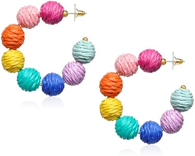 Rattan Hoop Earrings for Women Fun Boho Summer Beach Earrings Statement Raffia Ball Drop Earrings for Girls Trendy Straw Wicker Circle Earrings Jewelry