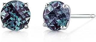Peora Solid 14K White Gold Created Alexandrite Earrings for Women, Color-changing Solitaire Studs, Round Shape 2 Carats total, AAA Grade Friction Back