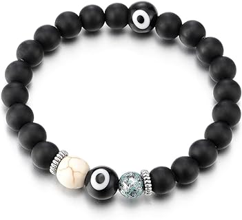 COOLSTEELANDBEYOND Mens Women Mat Black Bead Bracelet with Murano-Style Glass Evil Eye Bead, Protection Prayer Mala