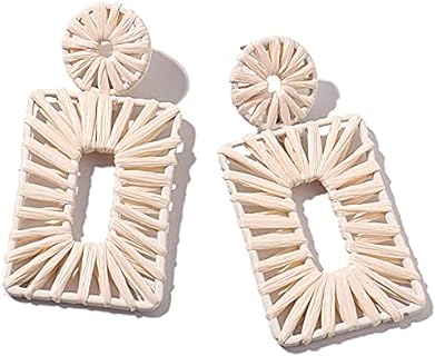 Statement Boho Geometric Drop Earrings in Raffia and Metal Alloy, Handmade Beach Earrings for Women and Girls, Push Back Closure, Lightweight Design