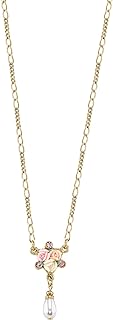 1928 Jewelry Women's Gold Tone Crystal Ivory And Pink Porcelain Rose Faux Pearl Pendant Necklace 16" + 3" Extender
