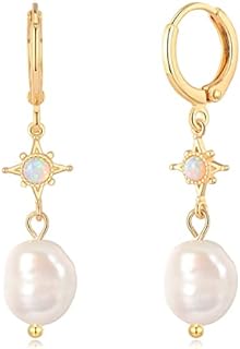 XYJZXY Freshwater Cultured Pearl Earrings for Women 18K Gold Pearl Drop Earrings Dangle Small Huggie Hoop Earrings Bridesmaid Earrings Wedding Jewelry