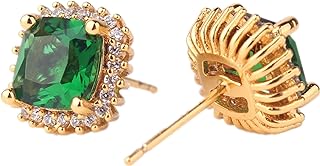 ODETOJOY 1 Pair Simulated Emerald Earrings 18K Yellow Gold Plated Square Cubic Zirconia Simulated Diamond Halo Stud Earrings for Women with Gift Box with Gift Box