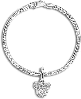 Mickey Charm Bracelet with Snake Chain and Spring Ring, Cubic Zirconia Gem, Sterling Silver for Women/Teen Girls, Cute Design
