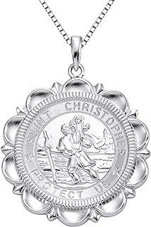 Box Chain St Christopher Pendant Necklace with Spring Ring Clasp, Sterling Silver, for Men and Women, Round Medallion Design