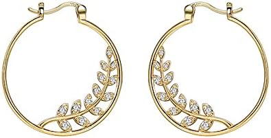Huggie CZ Leaf Hoop Earrings for Women Girls 14K Gold Plated Cubic Zirconia Crystal Olive Leaves Dangle Drop Lever Back Medium Hoops Hypoallergenic Dainty Jewelry Gifts 30mm