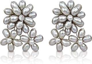 AeraVida Handmade Floral Romance Gray Freshwater Pearl Clip-On Earrings with Stainless Steel Paddle-Back Closure