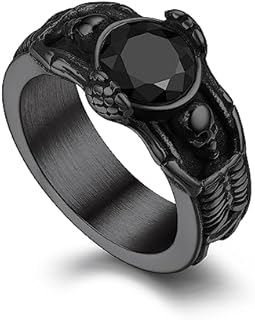 Bandmax Mens Black Onyx Rings, Stainless Steel Retro Style Black Onyx Stone Black Agate Signet Ring Skull Masonic Gemstone Band Ring for Men Size 7-14