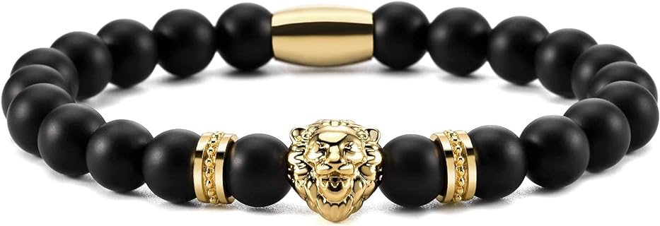 Onyx Lion Stone Bracelet Men - Black Onyx Beaded Stainless Steel Leo Head Bracelet Women 8mm