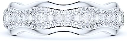 Sterling Silver Wave Design Wedding Ring with Milgrain Genuine Moissanite for Brides - Round Brilliance Full Eternity Band