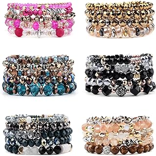 6-Piece Bohemian Acrylic Bead Bracelets Set with Obsidian Gem & Lobster Claw Clasp, Stackable & Stretchable Zinc-Chain Bracelet for Women