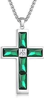 Cross Necklace for Men, Cubic Zirconia Gem Pendant Necklace, Silver Stainless Steel Cross Necklace, Birthstone Necklace for Women Girls, Faith Jewelry Gifts Box Chain 24 Inch