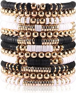 PIPITREE Women's Bohemian Charm 12pc Clay & Gold Beaded Bracelets - Versatile Stackable Design with Rope & Bead Chains, Lobster Claw Clasp - No Gemstone, Zinc Metal Type, 6.63" Length
