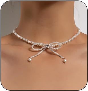FUTIMELY Pearl Bow Choker Necklace for Women Girls,White Pearl Beaded Necklace Pearl Crystal Bow Necklace Fashion Wedding Christmas Vintage Jewelry Gift