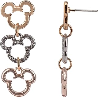 Disney Mickey Mouse Linear Tri Tone Drop Earrings, Jewelry Gift Box, Gold Tone Enamel and Pave Stone Accent, 1.5"" Drop