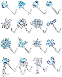 Tornito 16Pcs Nose Rings L Shaped Nose Stud Stainless Steel Butterfly Flower Leaf Heart Moon Dangle Nose Stud Ring Body Piercing Jewelry for Women Men 20G Pink Blue Clear CZ