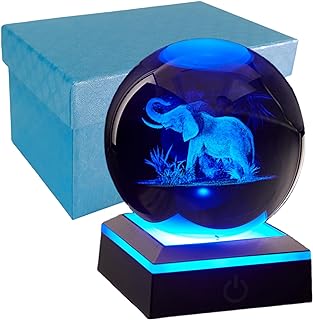 Art Deco Conalisk Elephant Brooch 3D Crystal Ball Night Light in LED Base, Cord Clasp Type, for Decor Enthusiasts, Glass Ball Lamp Shape