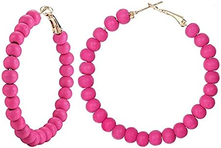 Dainty Wood Beaded Hot Pink Bohemian Large Big Hoop Earrings for Women Girls Boho Huggie Hoops Hypoallergenic Minimalist 2" Round Circle Hooped Fashion Trendy Jewelry Gifts Bff Birthday 50mm
