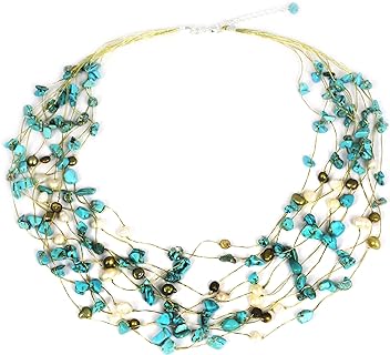 Lobster Clasp Multi-Strand Turquoise Beaded Necklace with Cable Chain, Freshwater Pearls, and Silver-Plated Base for Women - Cool Shower Design from Thailand